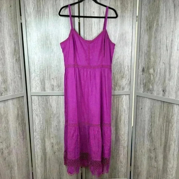 Loft Dress Sz 12 Midi Lace Trim Linen Blend Strappy Magenta NWT - Picture 2 of 11